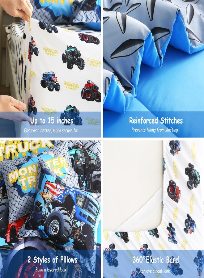 lasoftan Kids' Monster Truck Twin Comforter Set, 5-Piece Soft Fluffy Bed-in-a-Bag with Comforter, Fitted Sheet, Flat Sheet, Pillowcase, Pillow Sham, Deep Pocket 15", All-Season, Monster Jam, Twin - Image 4