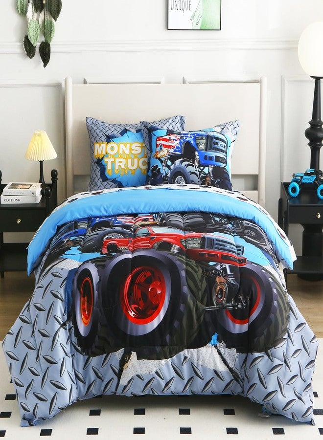 lasoftan Kids' Monster Truck Twin Comforter Set, 5-Piece Soft Fluffy Bed-in-a-Bag with Comforter, Fitted Sheet, Flat Sheet, Pillowcase, Pillow Sham, Deep Pocket 15", All-Season, Monster Jam, Twin - Image 1