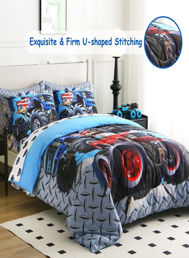 lasoftan Kids' Monster Truck Twin Comforter Set, 5-Piece Soft Fluffy Bed-in-a-Bag with Comforter, Fitted Sheet, Flat Sheet, Pillowcase, Pillow Sham, Deep Pocket 15", All-Season, Monster Jam, Twin - Image 3