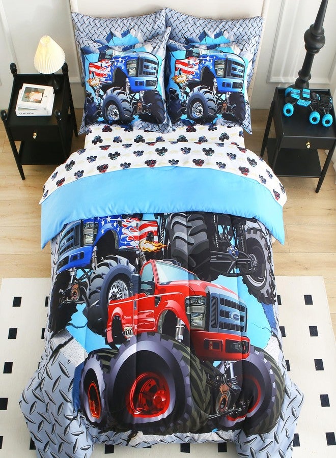 lasoftan Kids' Monster Truck Twin Comforter Set, 5-Piece Soft Fluffy Bed-in-a-Bag with Comforter, Fitted Sheet, Flat Sheet, Pillowcase, Pillow Sham, Deep Pocket 15", All-Season, Monster Jam, Twin - Image 2