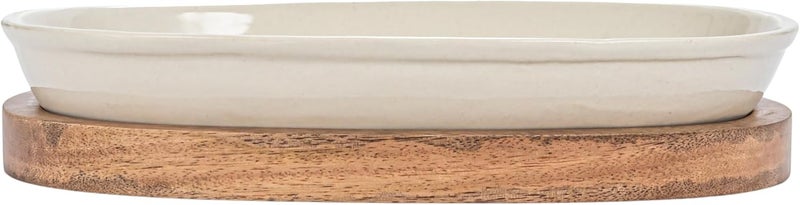 Creative CoOp Stoneware Serving Dish with Mango Wood Base Cream and Natural - Image 5