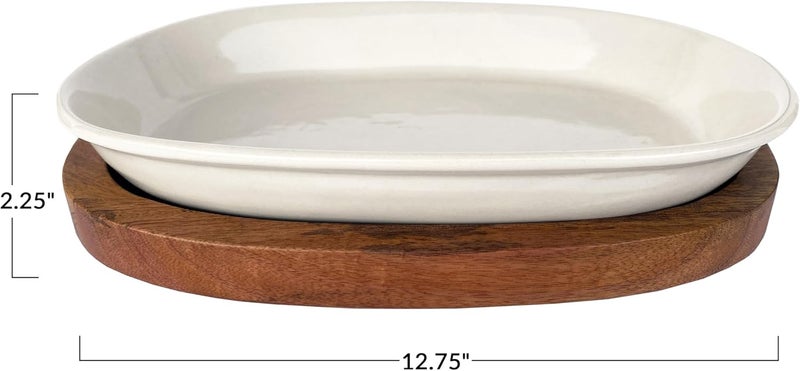 Creative CoOp Stoneware Serving Dish with Mango Wood Base Cream and Natural - Image 3