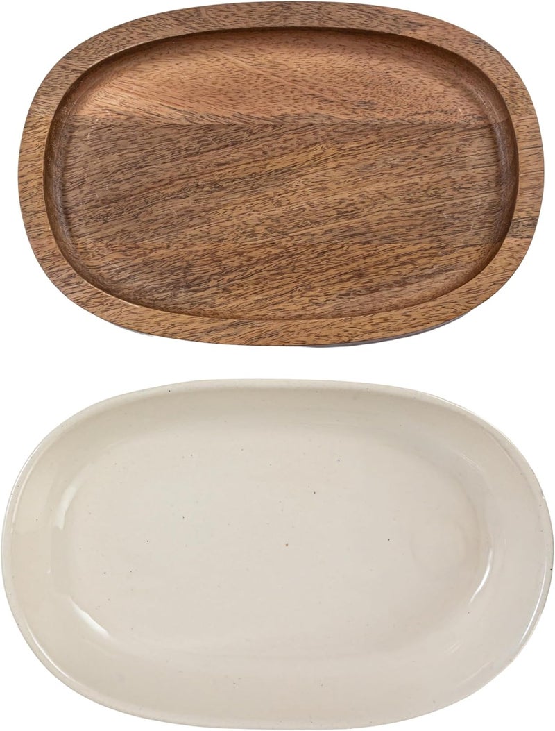 Creative CoOp Stoneware Serving Dish with Mango Wood Base Cream and Natural - Image 4