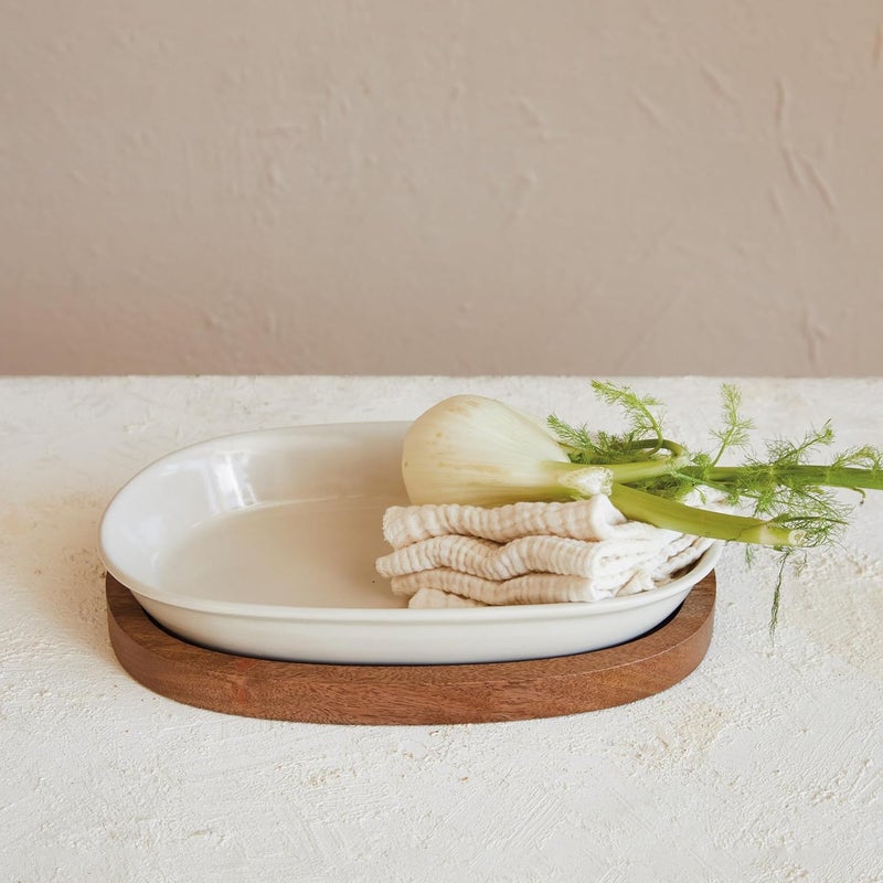 Creative CoOp Stoneware Serving Dish with Mango Wood Base Cream and Natural - Image 2