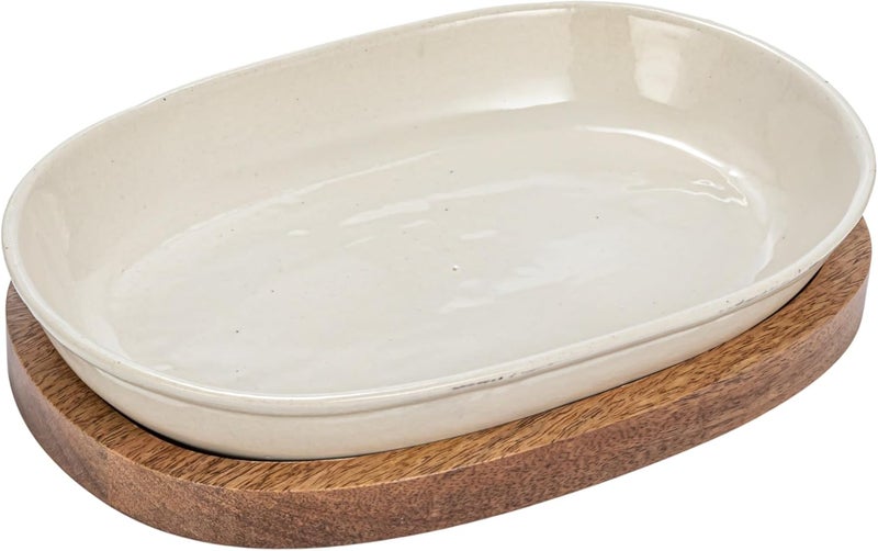 Creative CoOp Stoneware Serving Dish with Mango Wood Base Cream and Natural - Image 1