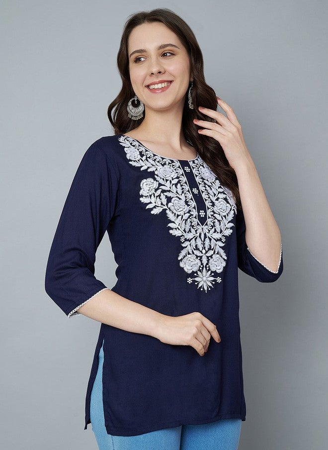 Trend Level Navy Blue Embroidered Kurti with Zari Detail - Image 3