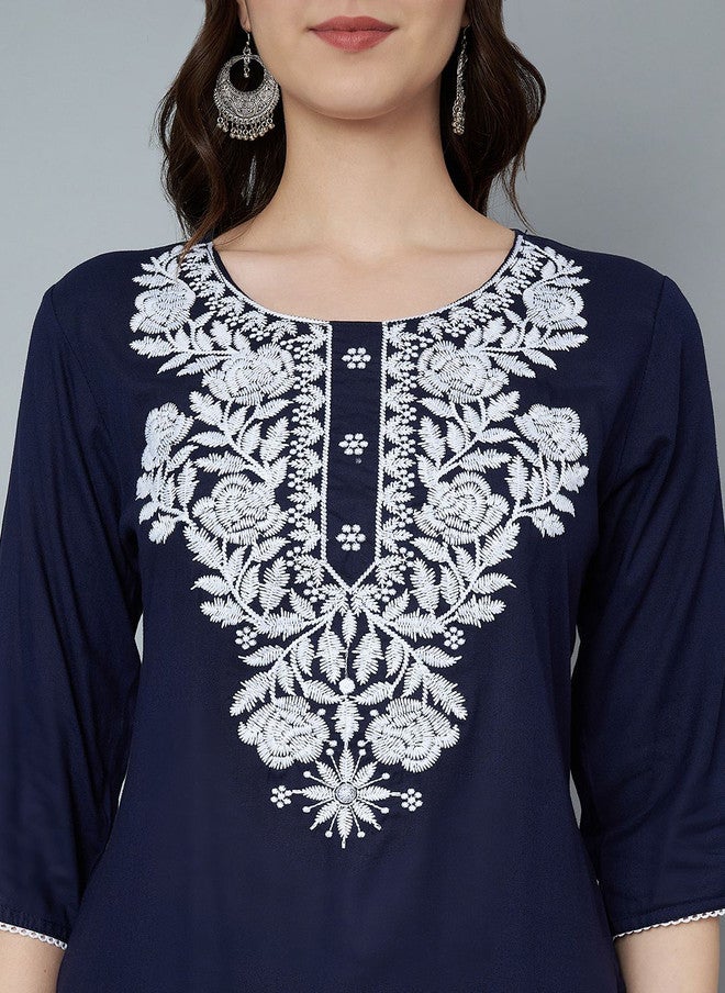 Trend Level Navy Blue Embroidered Kurti with Zari Detail - Image 2
