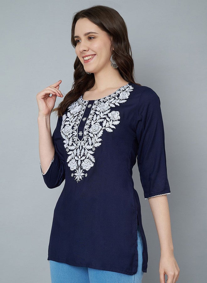 Trend Level Navy Blue Embroidered Kurti with Zari Detail - Image 4