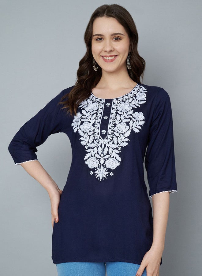 Trend Level Navy Blue Embroidered Kurti with Zari Detail - Image 1