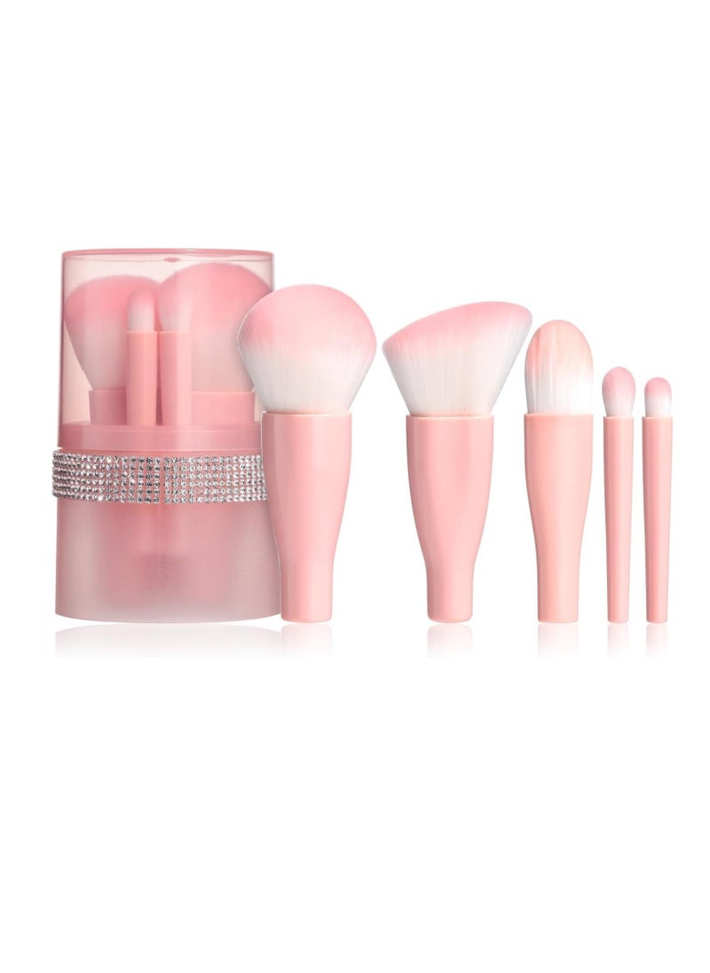 SYOSI Travel Mini Makeup Brushes Set, Short Portable Travel Brush With Diamond Case, for Contour Blush Foundation Powder Concealers Eye Shadows, Pink 5PCS - Image 1