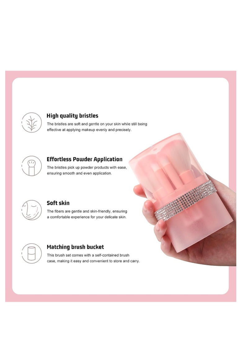 SYOSI Travel Mini Makeup Brushes Set, Short Portable Travel Brush With Diamond Case, for Contour Blush Foundation Powder Concealers Eye Shadows, Pink 5PCS - Image 2