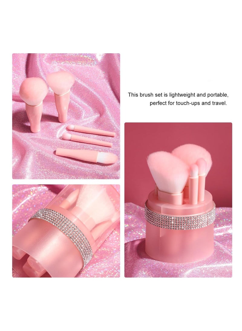 SYOSI Travel Mini Makeup Brushes Set, Short Portable Travel Brush With Diamond Case, for Contour Blush Foundation Powder Concealers Eye Shadows, Pink 5PCS - Image 3