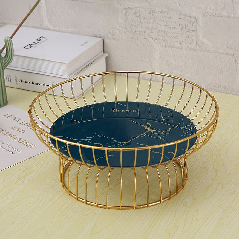 Luxurious Iron Fruit Stand with Glass Tray Large Dark Green Glass Golden Artistic Fruit Plate 