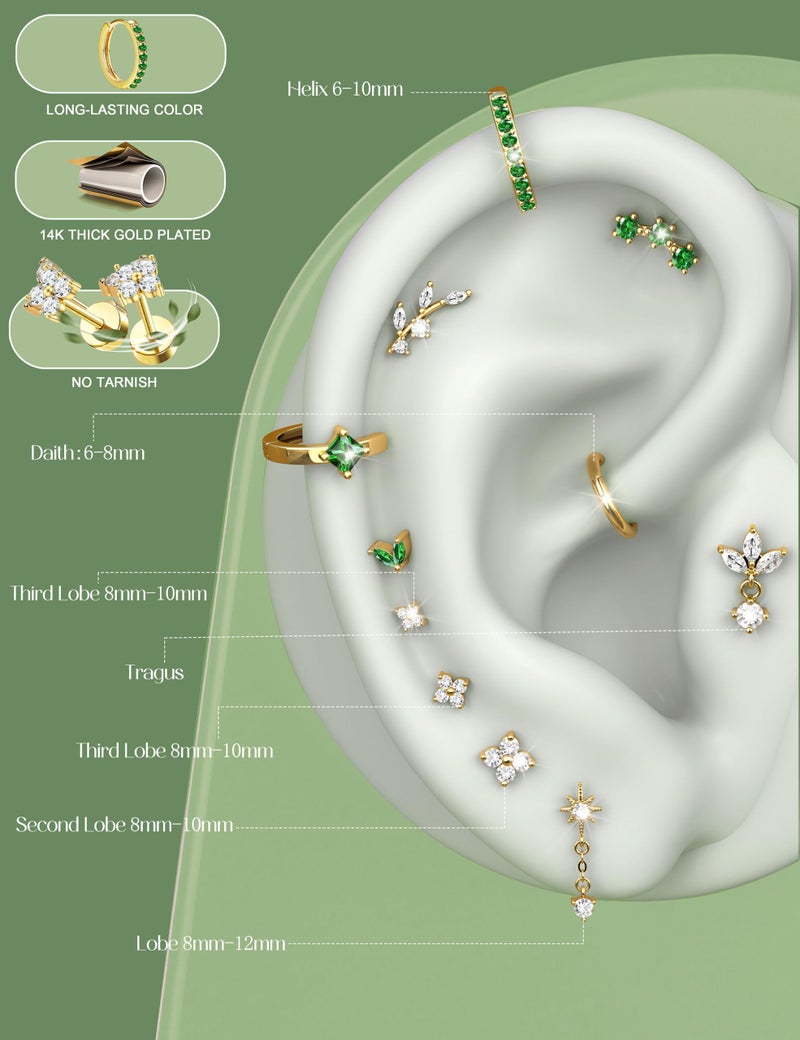 ORAZIO 16G Helix Piercing Jewelry Flat Back Cartilage Earrings for Women Hypoallergenic Surgical Steel Gold Stud Hoop Cartilage Earring Set Daith Conch Tragus Piercing Jewelry Flatback Single Pc I - Image 3