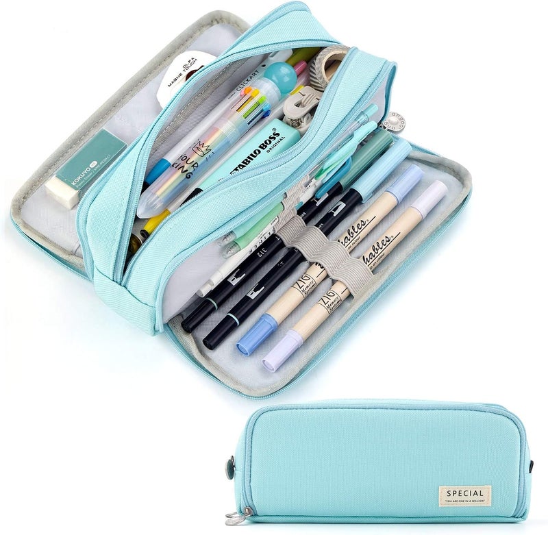 CICIMELON Pencil Case Large Capacity Pencil Pouch 3 Compartments Pencil Bag Gift For Students Girls Adults Women（Light Blue） - Image 1