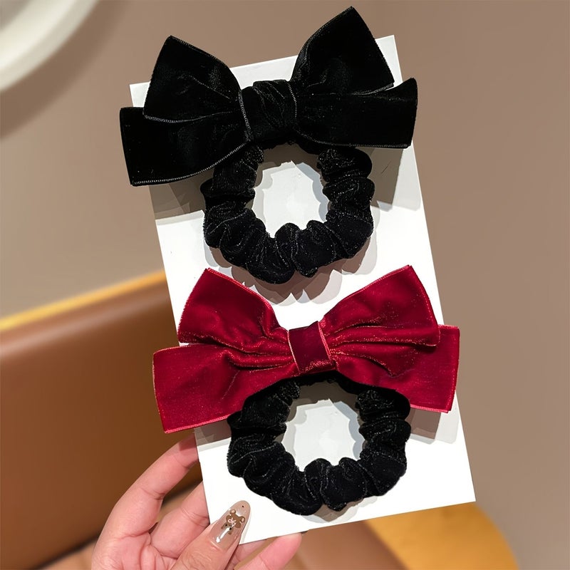 2Pcs Red And Black Double Layer Bow Hair Ties High Elastic Gentle Durable For Everyday Wear Travel - Image 1