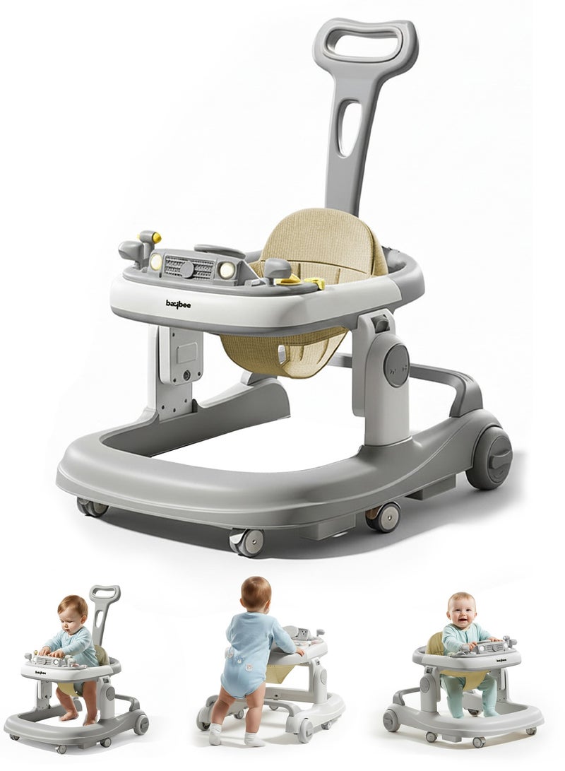 BAYBEE 3 in 1 Rollo Baby Walker for Kids, Baby Push Walker with Parental Push Handle, 5 Adjustable Height, Speed Adjustable, Foldable Kids Walker with Light, Tray & Musical Toddler Walker for Baby 6 to 24 Months Boy Girl Grey - Image 1