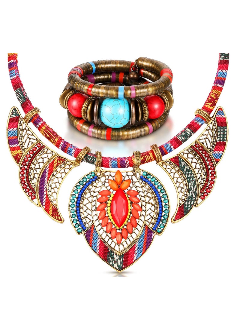 KASTWAVE Beaded Choker Bracelet, Ethnic Style Tribal Beads Necklace, Chunky Colorful Collar Bib Costume Necklace and African Tribal Bracelet Bohemian Wristband - Image 1