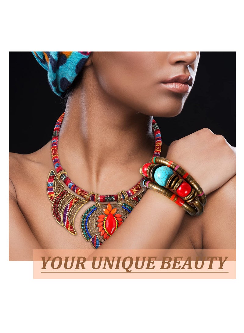 KASTWAVE Beaded Choker Bracelet, Ethnic Style Tribal Beads Necklace, Chunky Colorful Collar Bib Costume Necklace and African Tribal Bracelet Bohemian Wristband - Image 2