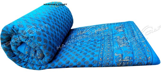 RAJASTHANI LIGHT WEIGHT DOUBLE BED SOFT JAIPURI AC QUILTRAZAI DESIGNER SKY BLUE WITH CLASSY SANGANERI GOLD PRINT COTTON QUILTS BLANKETS FOR HOME SIZE 85X105 INCH SET OF 1 RAZAI