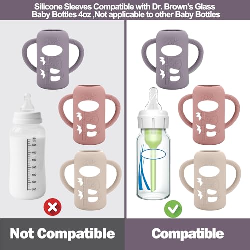 BUSOHA 3 Pack Silicone Sleeves for Dr. Brown's Glass Baby Bottles - Drop Protection Baby Bottle Sleeves,Compatible with Dr. Brown's Newborn Glass Bottles,with Silicone Handles,4 oz - Image 3