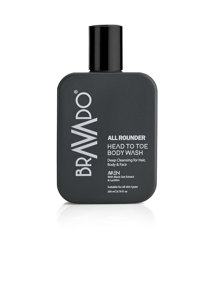 BRAVADO All Rounder Head to Toe Body Wash  3in1 Gentle Formula for Hair Body  Face  Deep Cleansing  Hydrating with Black Oat  Lecithin  Refreshing ToxinFree Perfect for Daily Use  200ml - Image 1