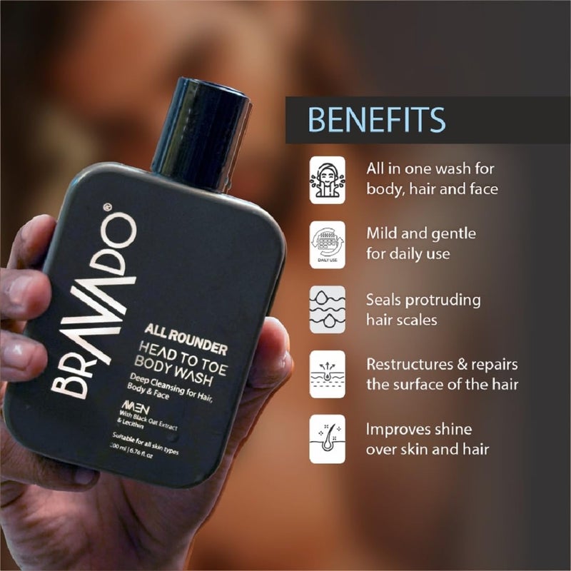 BRAVADO All Rounder Head to Toe Body Wash  3in1 Gentle Formula for Hair Body  Face  Deep Cleansing  Hydrating with Black Oat  Lecithin  Refreshing ToxinFree Perfect for Daily Use  200ml - Image 4