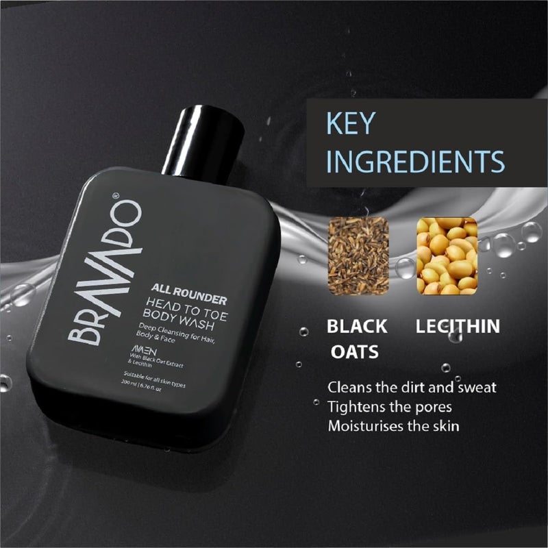 BRAVADO All Rounder Head to Toe Body Wash  3in1 Gentle Formula for Hair Body  Face  Deep Cleansing  Hydrating with Black Oat  Lecithin  Refreshing ToxinFree Perfect for Daily Use  200ml - Image 5