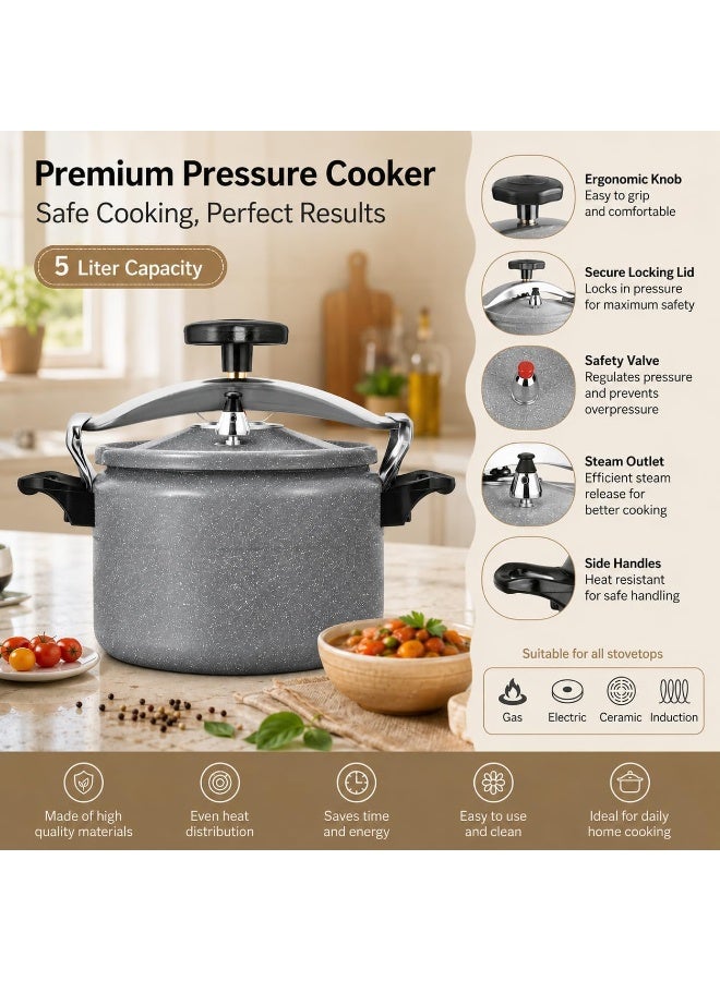 5Liters Granite Non-Stick Pressure Cooker for Fast Cooking | Pressure Cooker with Airtight Lid, Ergonomic Handle, High Quality Safety Valve (Grey, 5 Liter) Grey - Image 2