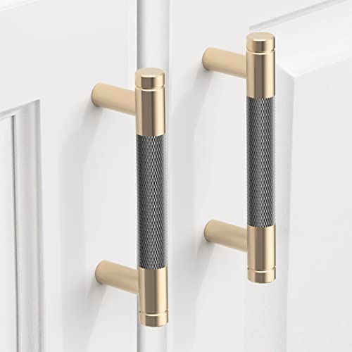 9BUILD 10 Pack 3 Inch Knurled Cabinet Pulls Grey Kitchen Cabinet Handles Brushed Gold Cabinet Hardware Kitchen Handles for Cabinets Brass Dresser Pulls T Bar Drawer Handle - Image 1