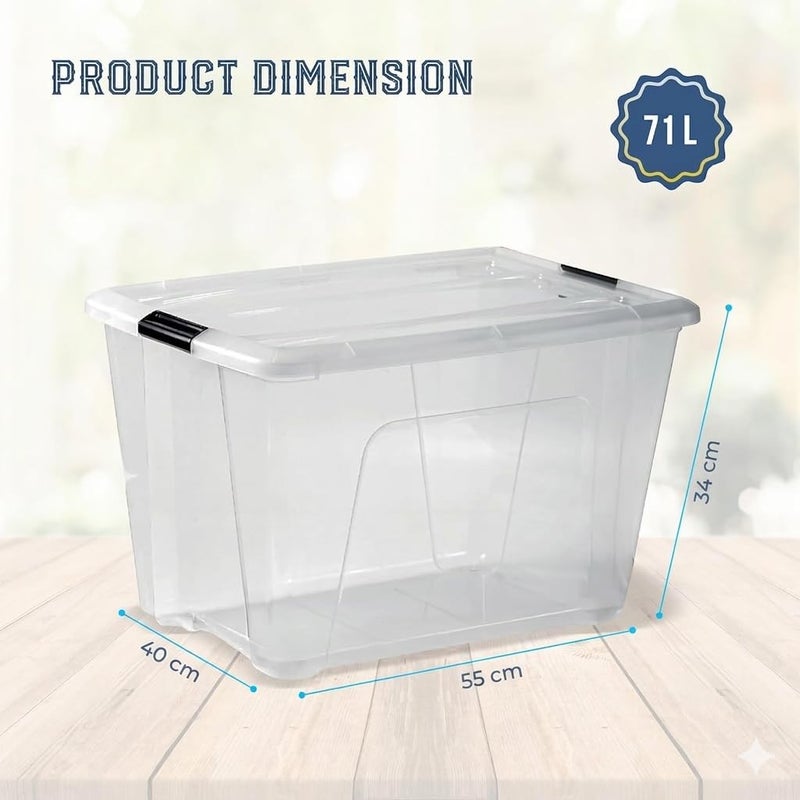 HOOJO ® 71 LTR. Clear Storage Boxes with Lockable Lid & Wheels – Pack of 1 Transparent Plastic Organizers for Clothes, Toys, Tools, Office Supplies, Medicines & Crafts (71 LTR) - Image 2