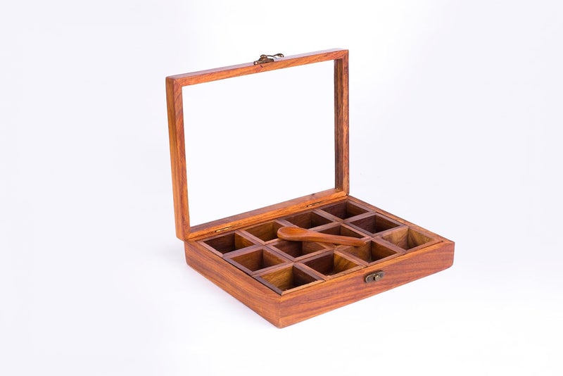 Craftonus Twelve Blends Spice Box with 12 Containers Spoon Sheesham Wood Wooden Spice Box Set for Kitchen Masala Spice Boxes Masala Daani Namak Dani Dabba Multipurpose Decorative Boxes - Image 1
