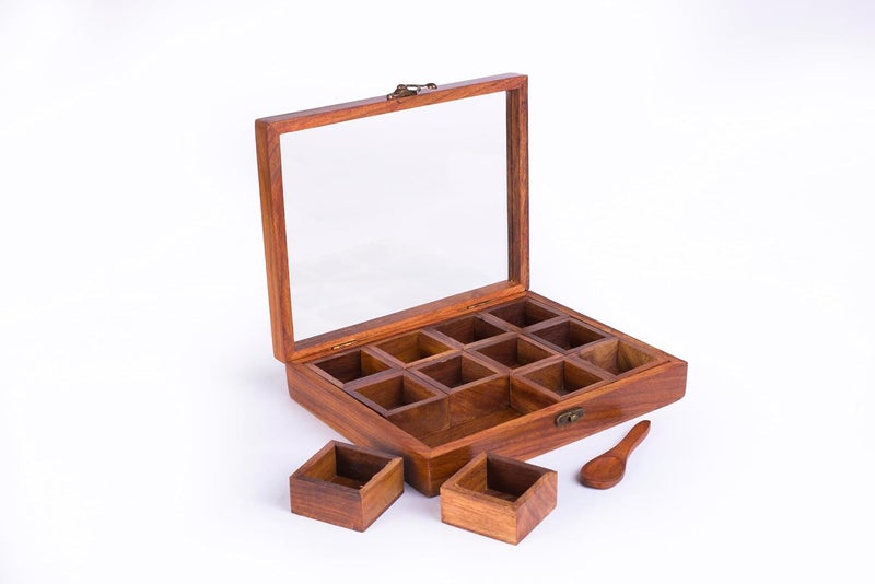 Craftonus Twelve Blends Spice Box with 12 Containers Spoon Sheesham Wood Wooden Spice Box Set for Kitchen Masala Spice Boxes Masala Daani Namak Dani Dabba Multipurpose Decorative Boxes - Image 3