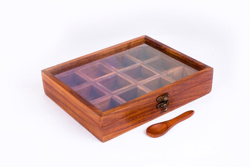 Craftonus Twelve Blends Spice Box with 12 Containers Spoon Sheesham Wood Wooden Spice Box Set for Kitchen Masala Spice Boxes Masala Daani Namak Dani Dabba Multipurpose Decorative Boxes - Image 2