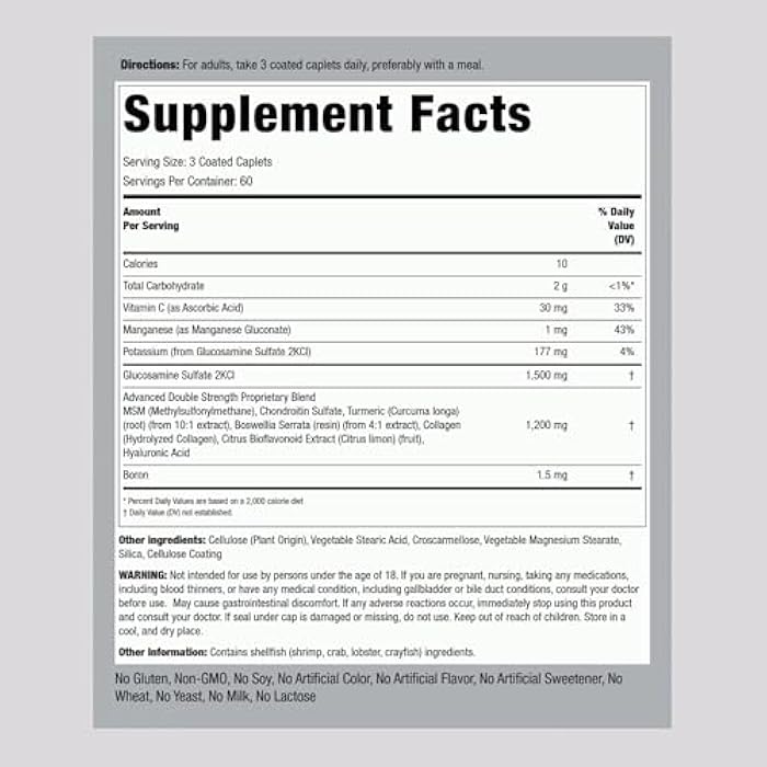 Piping Rock Glucosamine Chondroitin MSM Plus Turmeric | 180 Caplets | Double Strength Formula | Advanced Complex Supplement | Non-GMO, Gluten Free - Image 2