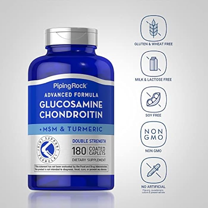 Piping Rock Glucosamine Chondroitin MSM Plus Turmeric | 180 Caplets | Double Strength Formula | Advanced Complex Supplement | Non-GMO, Gluten Free - Image 3