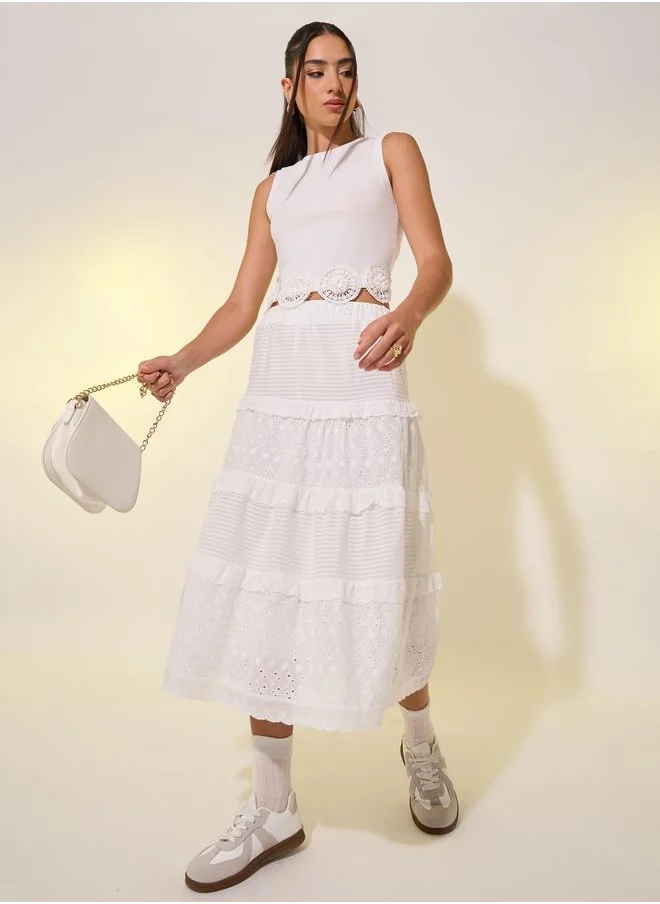 تايك تو Take Two Lace Contrast A-Line Midi Skirt