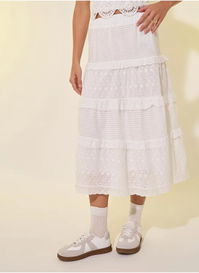 تايك تو Take Two Lace Contrast A-Line Midi Skirt