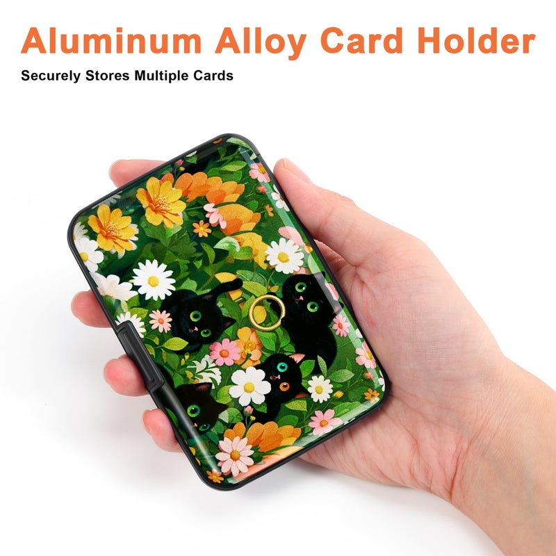 Mayski Credit Card Holder, RFID Blocking, Aluminum Alloy Hard Case, Small Mini Business Metal Wallet for Women Men, Black Cat Flower - Image 3
