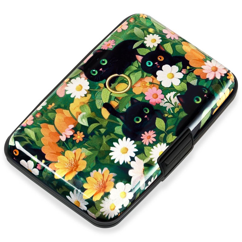 Mayski Credit Card Holder, RFID Blocking, Aluminum Alloy Hard Case, Small Mini Business Metal Wallet for Women Men, Black Cat Flower - Image 1