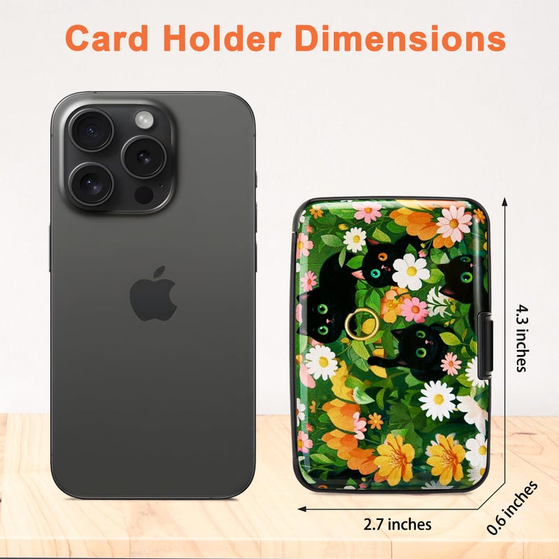 Mayski Credit Card Holder, RFID Blocking, Aluminum Alloy Hard Case, Small Mini Business Metal Wallet for Women Men, Black Cat Flower - Image 5