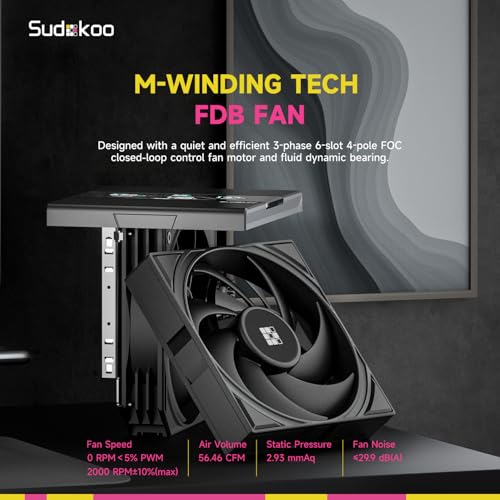 Sudokoo SK620V CPU Air Cooler: 6 Heatpipes Dual Tower CPU Cooler with Digital Display for AM5 Exclusive - Black PC Cooler with 120mm FDB PWM Quiet Fans & Quick Lock Mount - Image 5