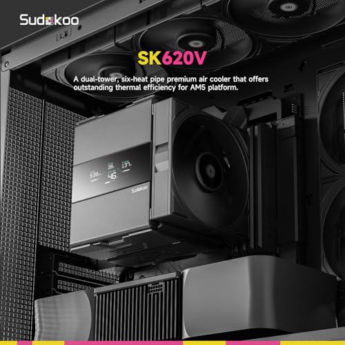 Sudokoo SK620V CPU Air Cooler: 6 Heatpipes Dual Tower CPU Cooler with Digital Display for AM5 Exclusive - Black PC Cooler with 120mm FDB PWM Quiet Fans & Quick Lock Mount - Image 2