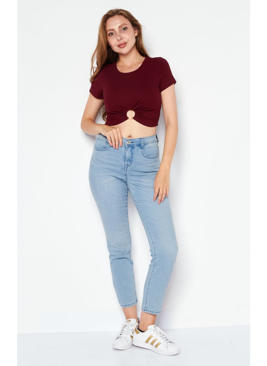 Women Round Neck Short Sleeves Ribbed Top, Maroon - pzsku/ZD56C9705B2BB815B3F06Z/45/_/1724350861/c5b1ef39-5a93-47ba-a169-fb9f8c61ef57