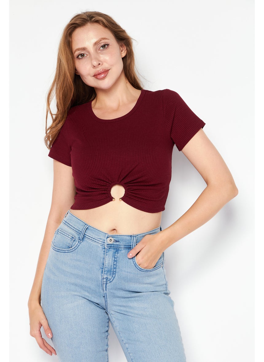 Women Round Neck Short Sleeves Ribbed Top, Maroon - pzsku/ZD56C9705B2BB815B3F06Z/45/_/1732780816/25c67700-81ff-4d36-a9e9-359fd693d7a1