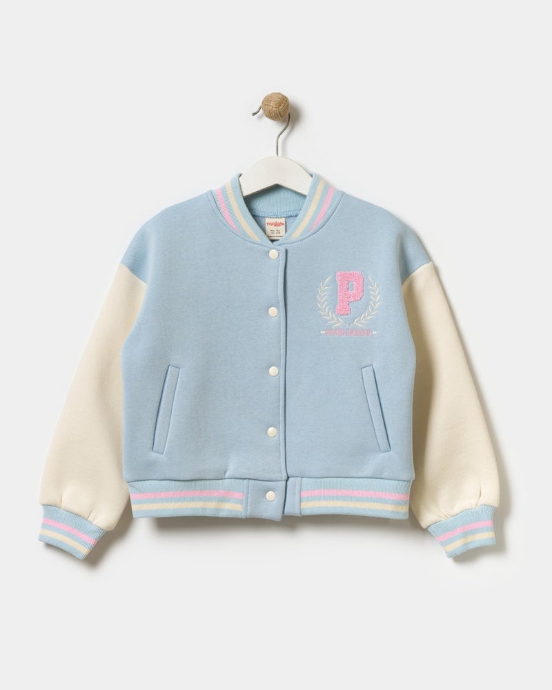 Minipodyum Girls Paris Slogan Embroidered Snap Front Closure Bomber College Jacket  - Image 1