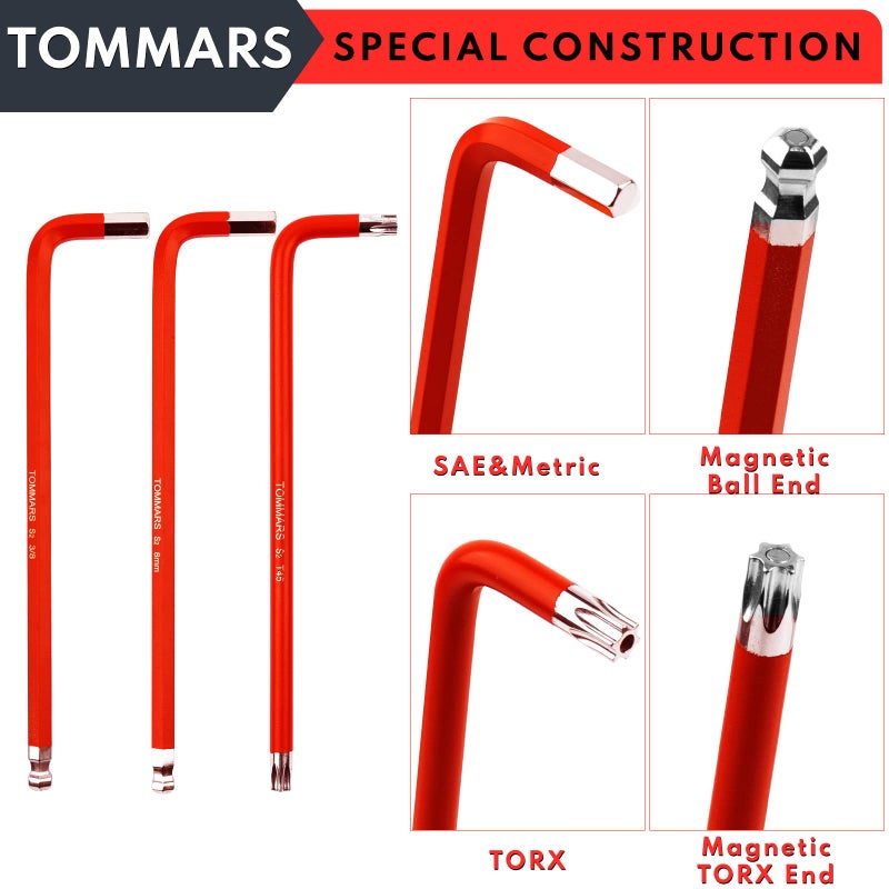 TOMMARS Hex Key Set Magnetic Ball End S2 Steel With T-Handle Hex Key Allen Wrench Set SAE(1/16"-3/8") Metric(1.5mm-10mm) TORX(T10-T50) - Image 2