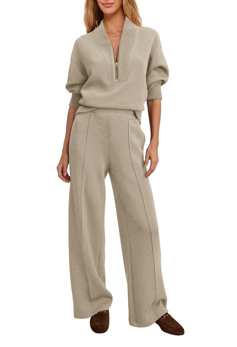Yanekop Womens Sweatsuits 2 Piece Outfit Two Piece Lounge Set Matching Sweat Sets Half Zip Pullover and Wide Leg Pants(Coffee Grey,L) - Image 1
