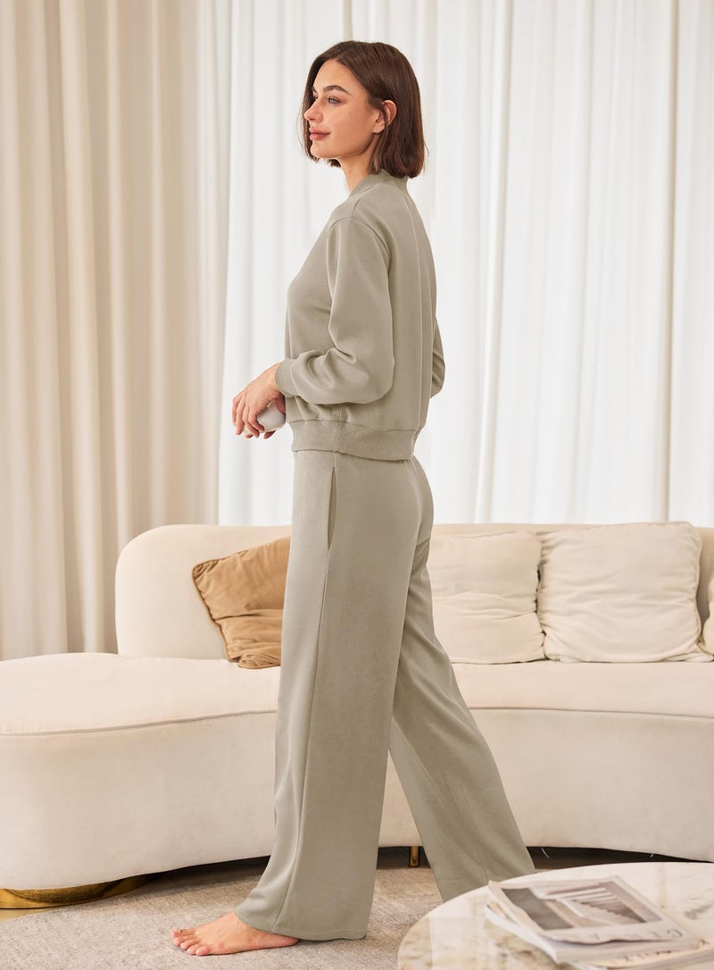 Yanekop Womens Sweatsuits 2 Piece Outfit Two Piece Lounge Set Matching Sweat Sets Half Zip Pullover and Wide Leg Pants(Coffee Grey,L) - Image 4