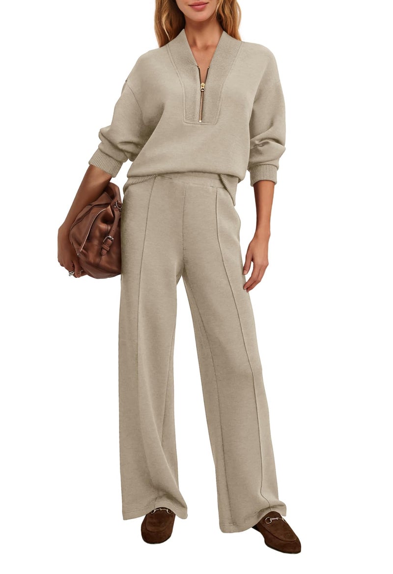Yanekop Womens Sweatsuits 2 Piece Outfit Two Piece Lounge Set Matching Sweat Sets Half Zip Pullover and Wide Leg Pants(Coffee Grey,L) - Image 2